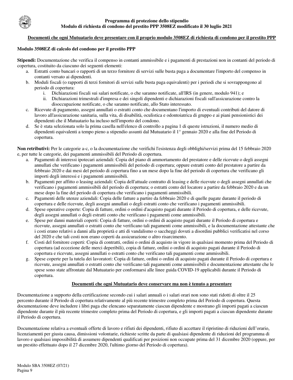 SBA Form 3508EZ PPP Ez Loan Forgiveness Application (Italian), Page 9