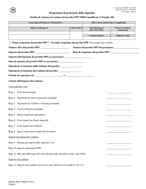 SBA Form 3508EZ PPP Ez Loan Forgiveness Application (Italian)