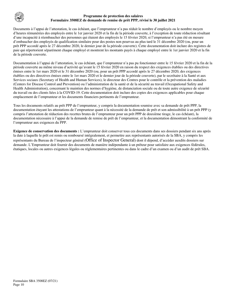 SBA Form 3508EZ PPP Ez Loan Forgiveness Application (French), Page 10