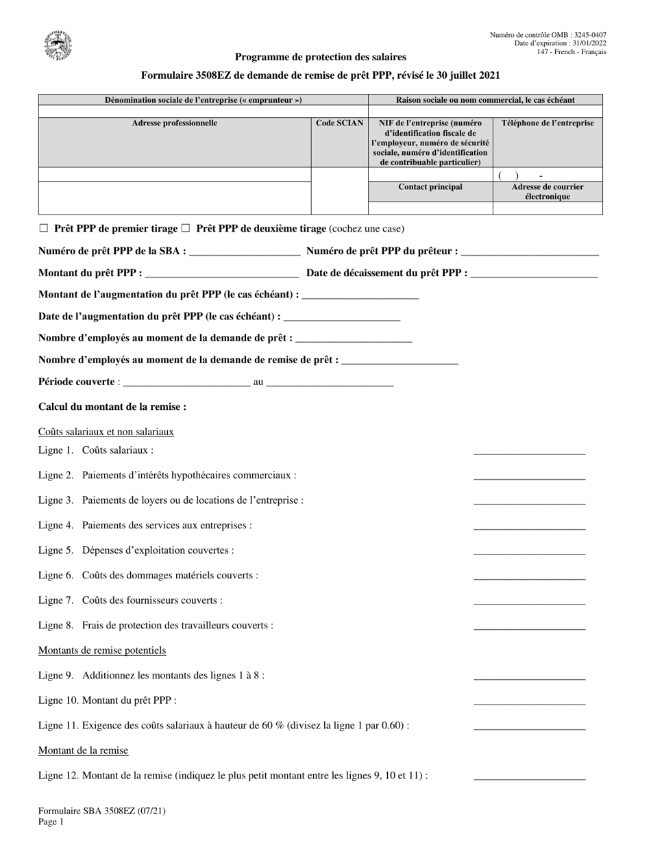 SBA Form 3508EZ PPP Ez Loan Forgiveness Application (French), Page 1