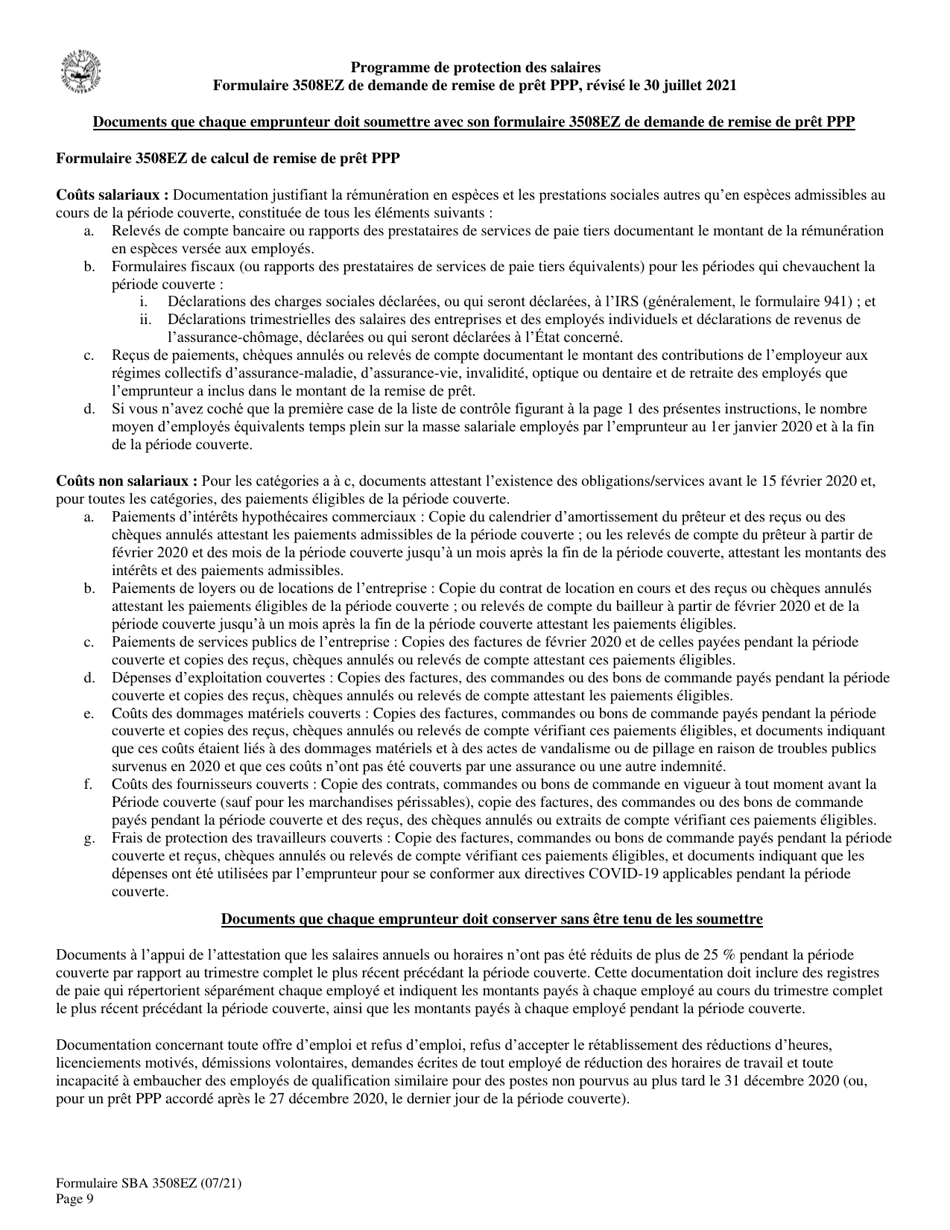 SBA Form 3508EZ PPP Ez Loan Forgiveness Application (French), Page 9