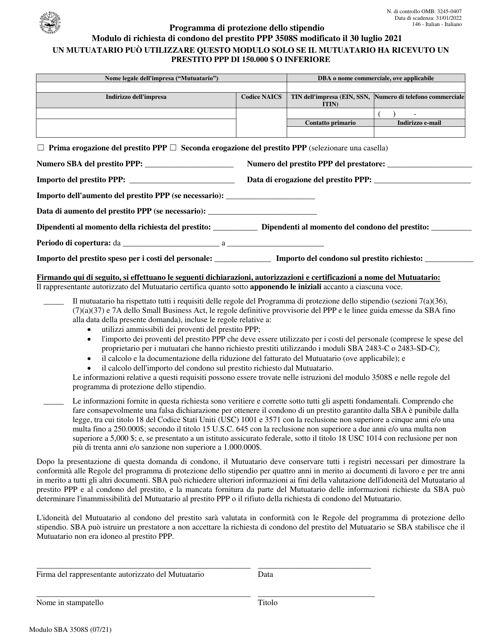 SBA Form 3508S PPP Loan Forgiveness Application (Italian)