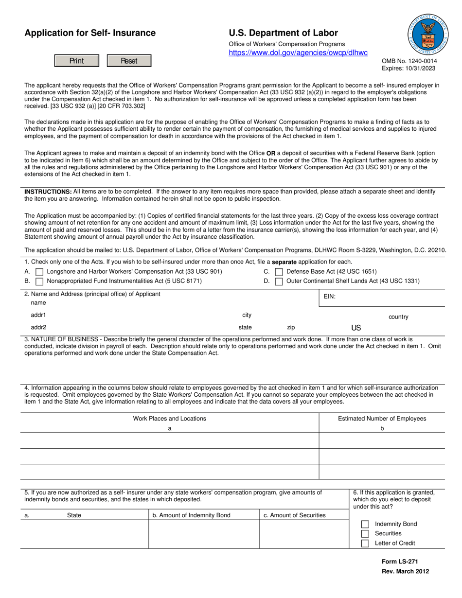Form LS-271 Application for Self-insurance, Page 1