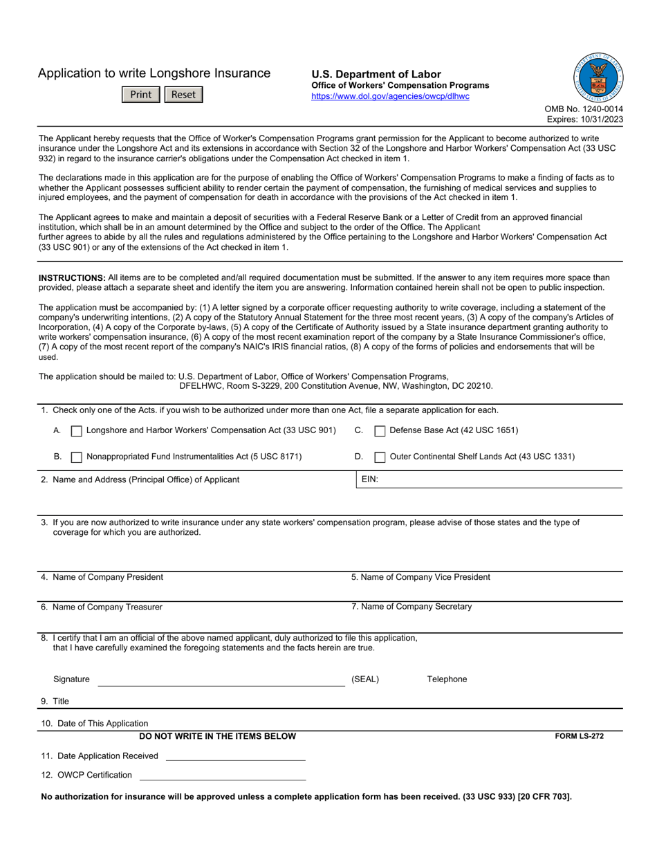 Form LS-272 Application to Write Longshore Insurance, Page 1