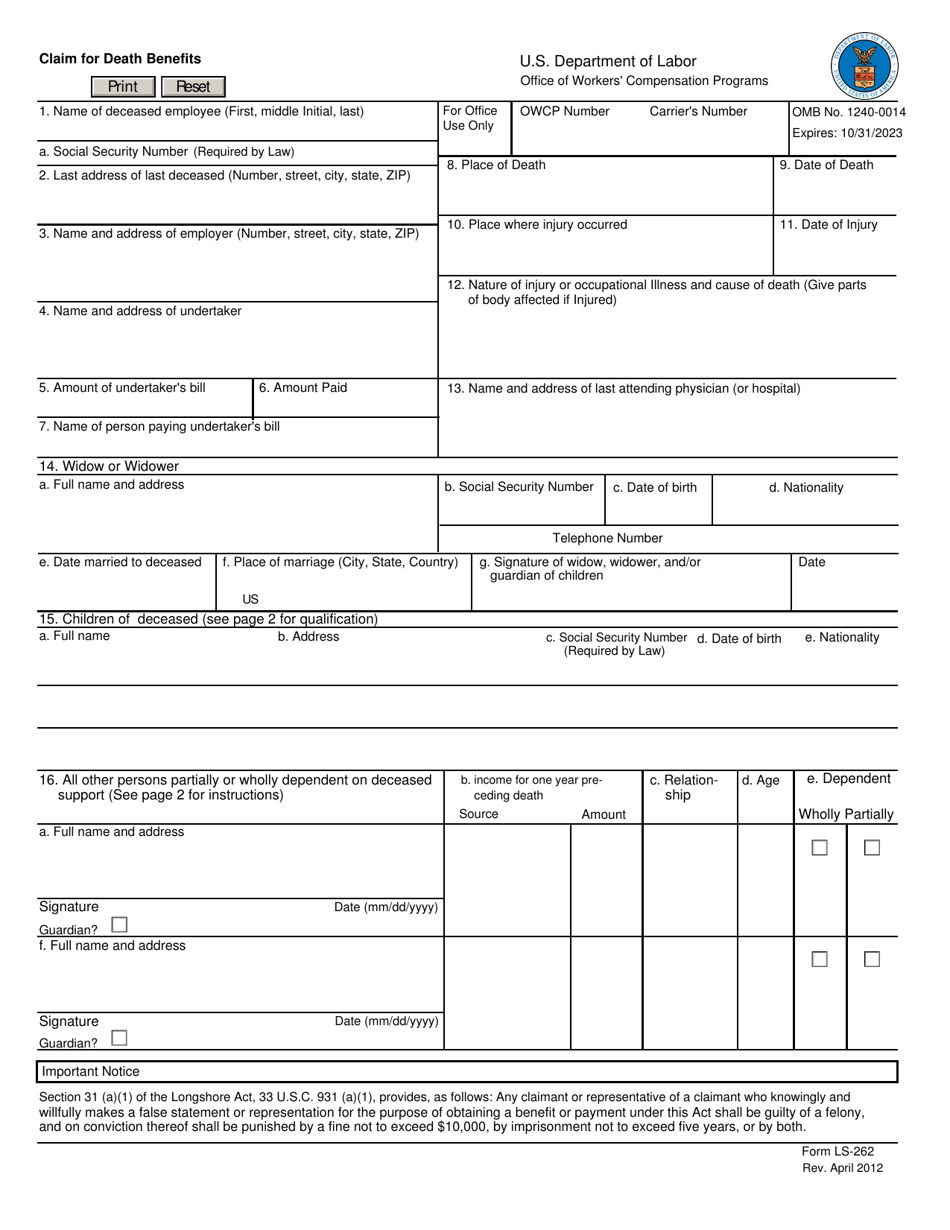 Form LS-262 Claim for Death Benefits, Page 1