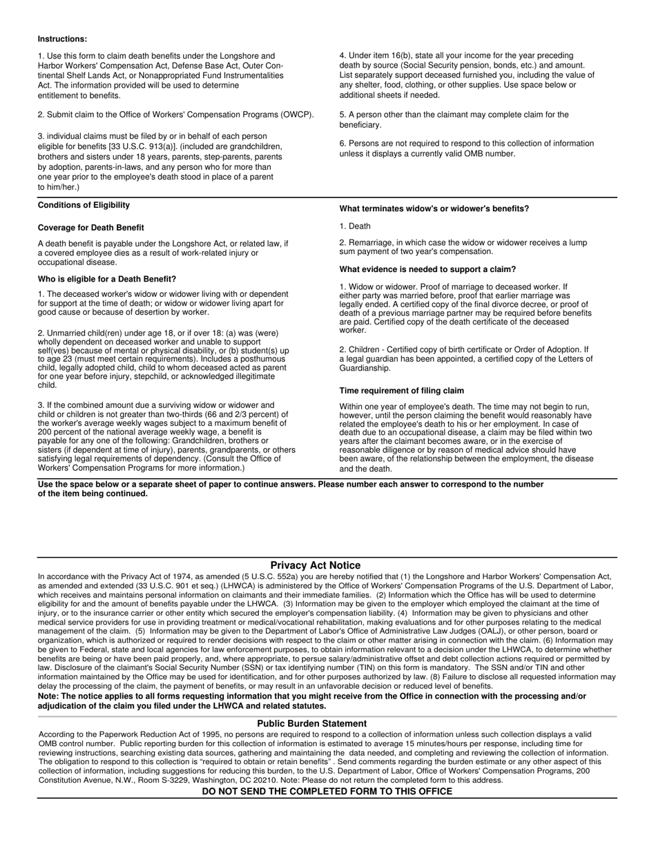 Form LS-262 Claim for Death Benefits, Page 2