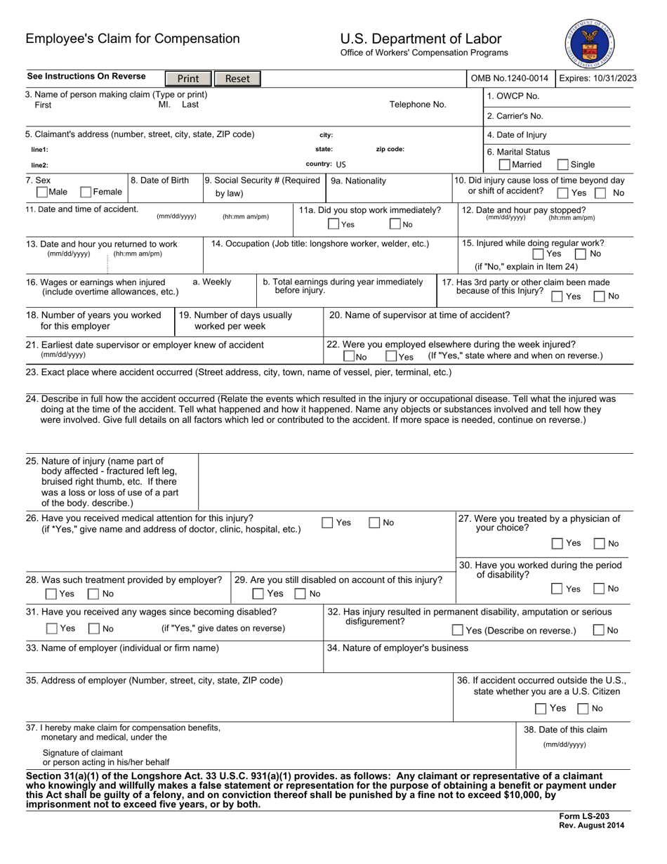 Form LS-203 Employee's Claim for Compensation, Page 1