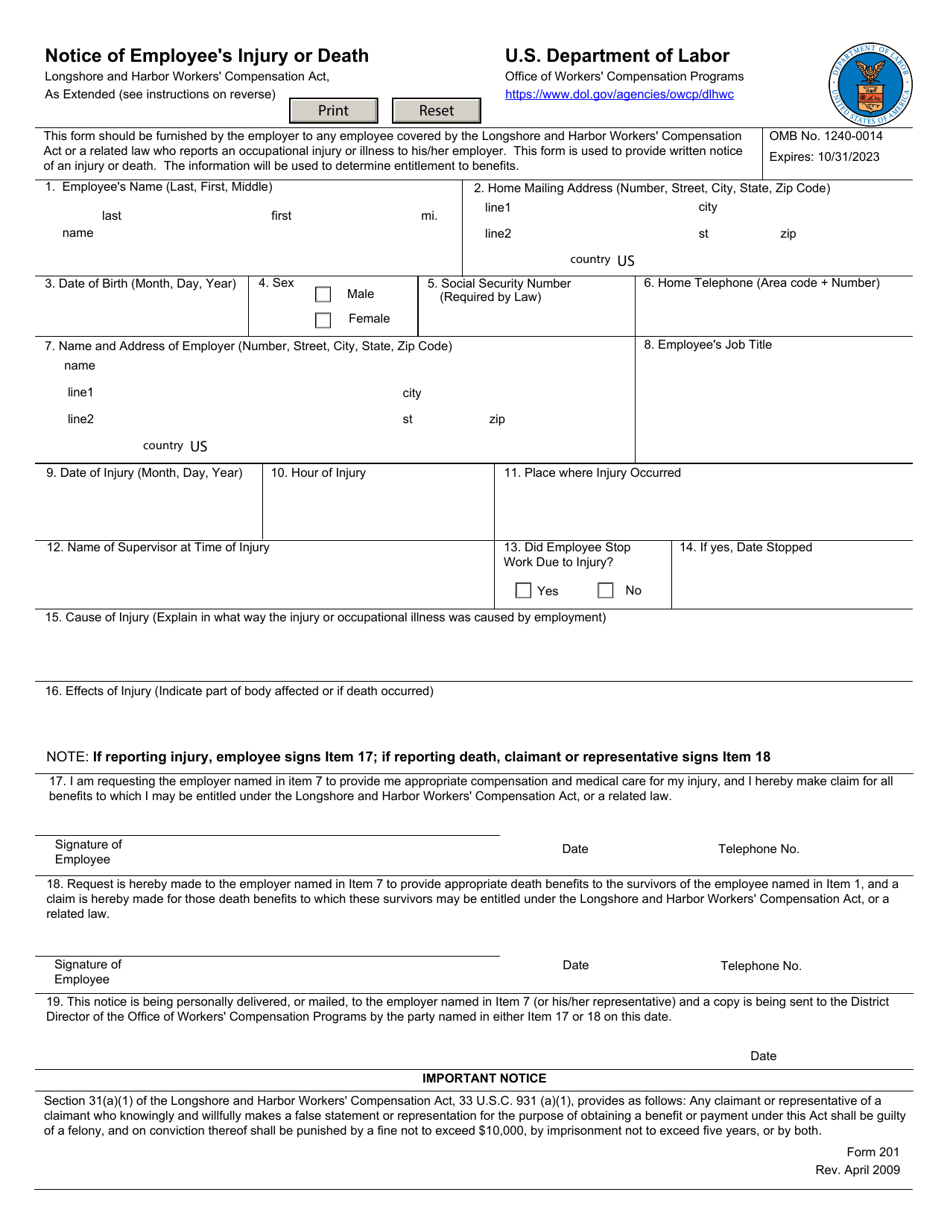Form LS-201 Notice of Employees Injury or Death, Page 1