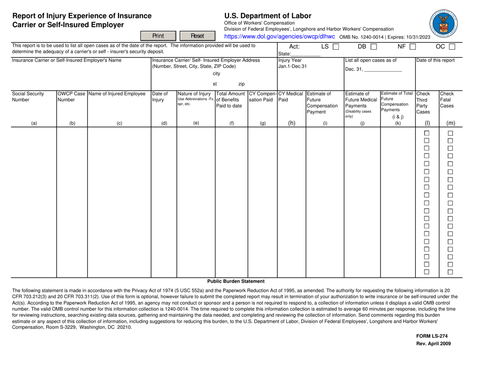Form LS-274 Report of Injury Experience of Insurance Carrier or Self-insured Employer, Page 1