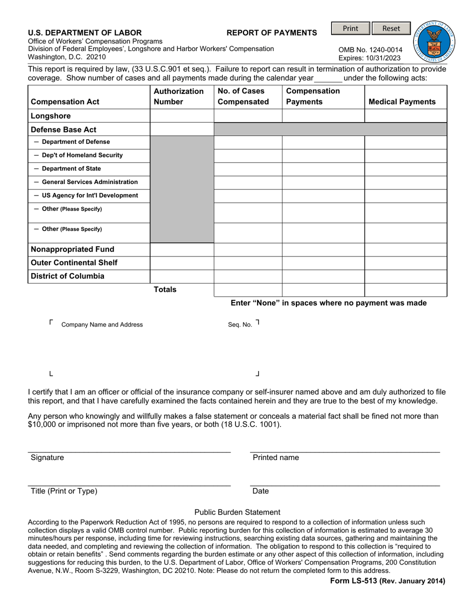 Form LS-513 Report of Payments, Page 1