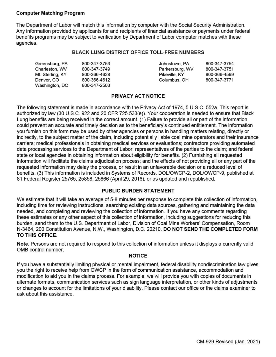 Form CM-929 Report of Changes That May Affect Your Black Lung Benefits, Page 2