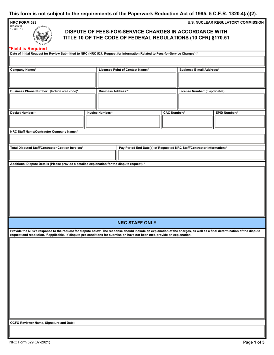 NRC Form 529 Dispute of Fees-For-Service Charges in Accordance With Title 10 of the Code of Federal Regulations (10 Cfr) 170.51, Page 1