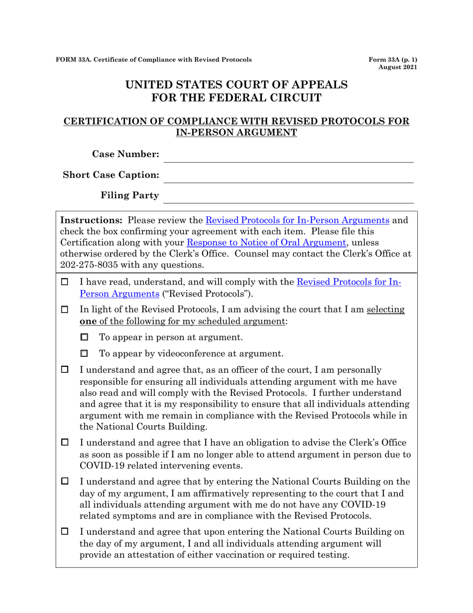 Form 33A Certification of Compliance With Revised Protocols for in-Person Argument, Page 1