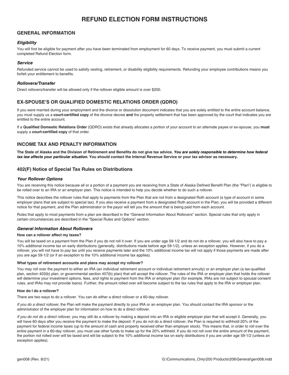 Form GEN008 Refund Election (Pers Tier I / II / Iii, Trs Tier I / II, Jrs) - Alaska, Page 3