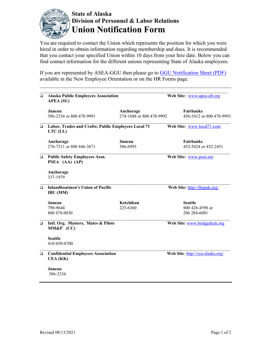 Union Notification Form - Alaska, Page 1