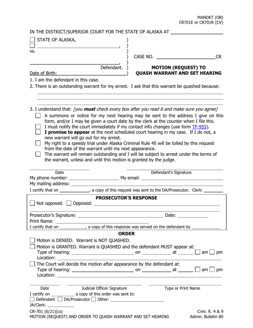 Form CR-701 Motion (Request) to Quash Warrant and Set Hearing - Alaska