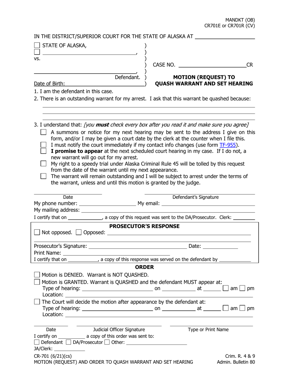 Form CR-701 Motion (Request) to Quash Warrant and Set Hearing - Alaska, Page 1