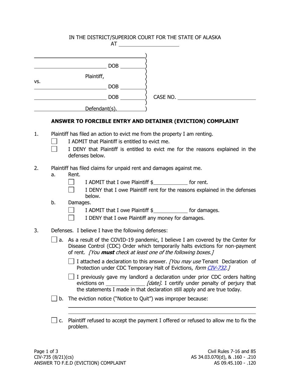Form CIV-735 Answer to Forcible Entry and Detainer (Eviction) Complaint - Alaska, Page 1