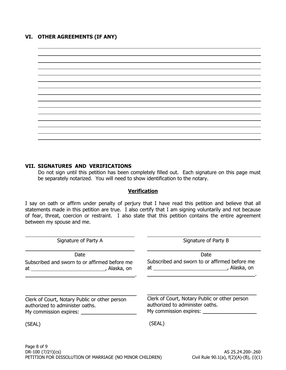 Form DR-100 Petition for Dissolution of Marriage (No Minor Children) - Alaska, Page 8