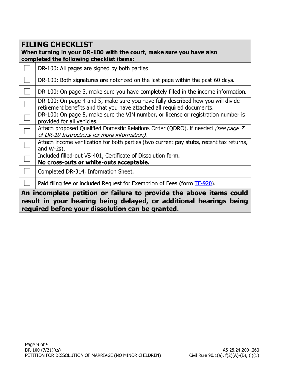 Form DR-100 Petition for Dissolution of Marriage (No Minor Children) - Alaska, Page 9