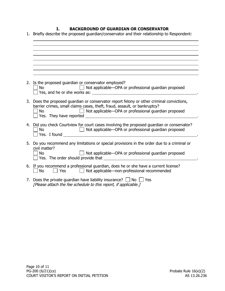 Form PG-200 Court Visitors Report on Initial Petition - Alaska, Page 10
