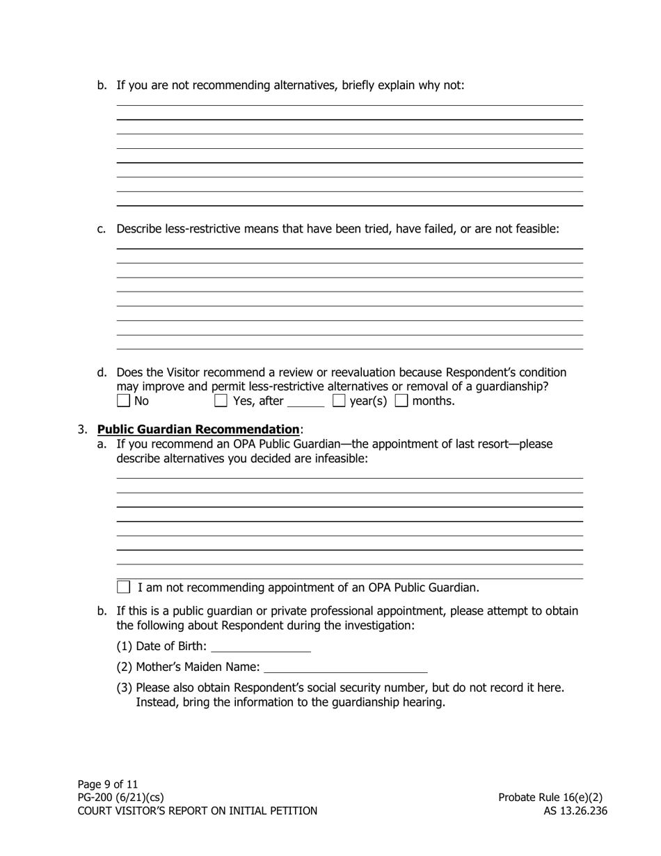 Form PG-200 Court Visitors Report on Initial Petition - Alaska, Page 9
