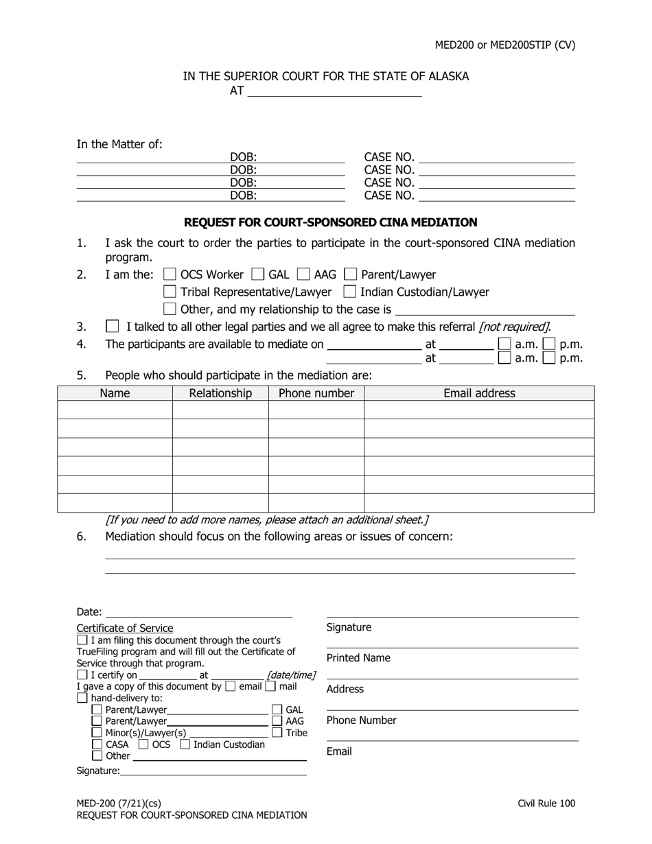 Form MED-200 Request for Court-Sponsored Cina Mediation - Alaska, Page 1