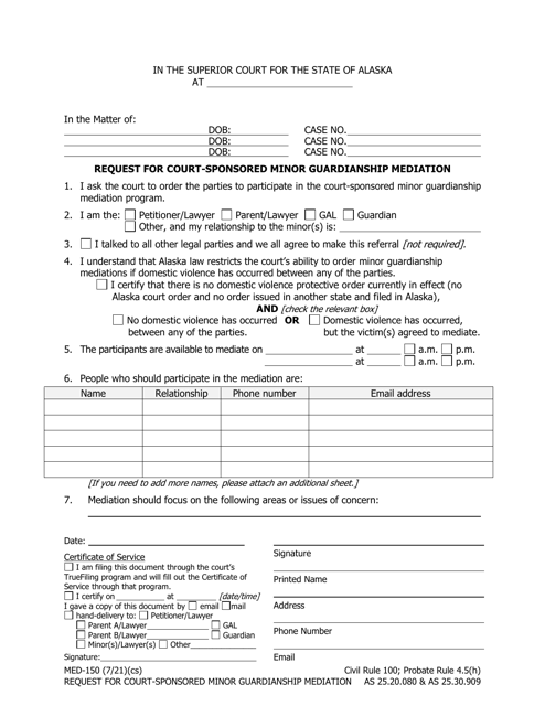 Form MED-150 Request for Court-Sponsored Minor Guardianship Mediation - Alaska