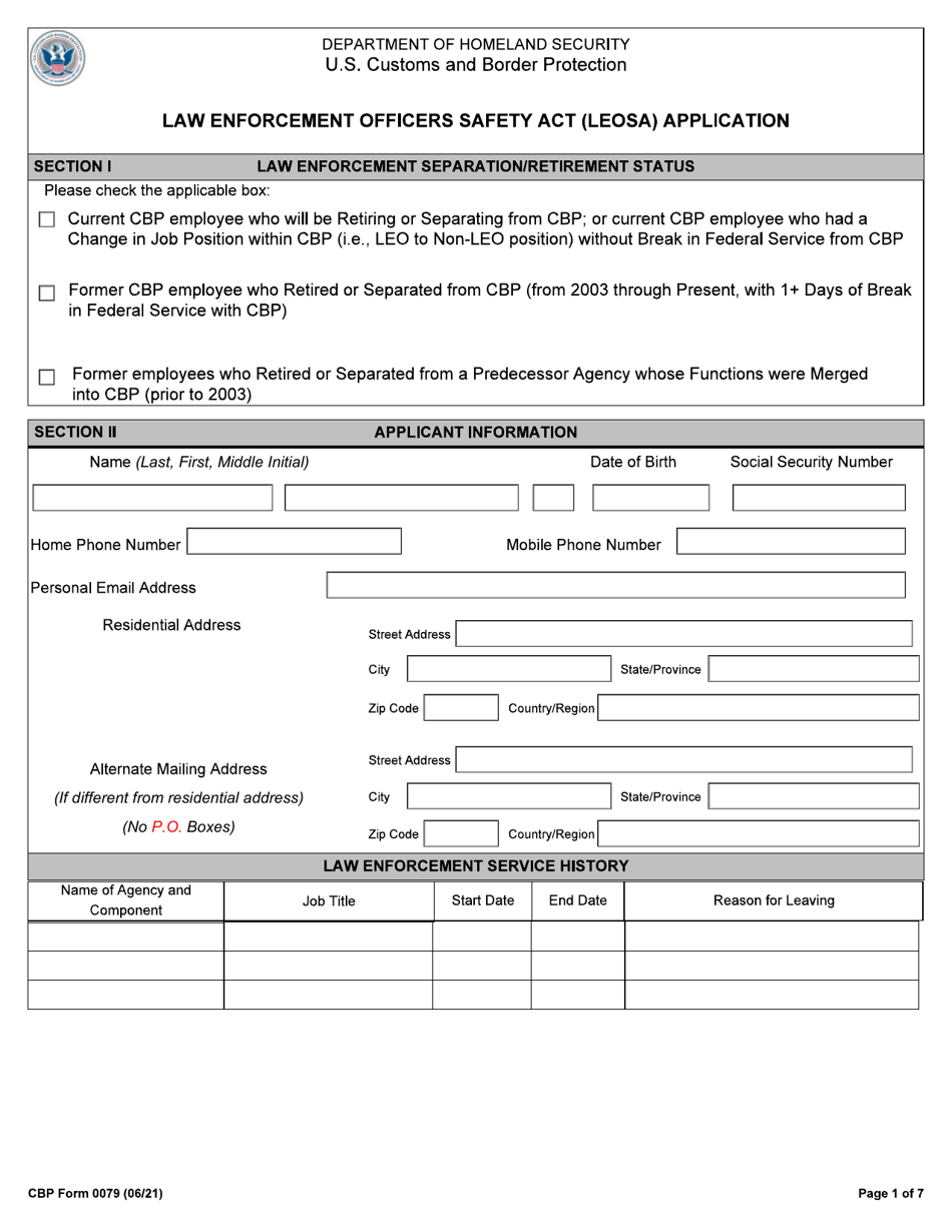 CBP Form 0079 Law Enforcement Officers Safety Act (Leosa) Application, Page 1