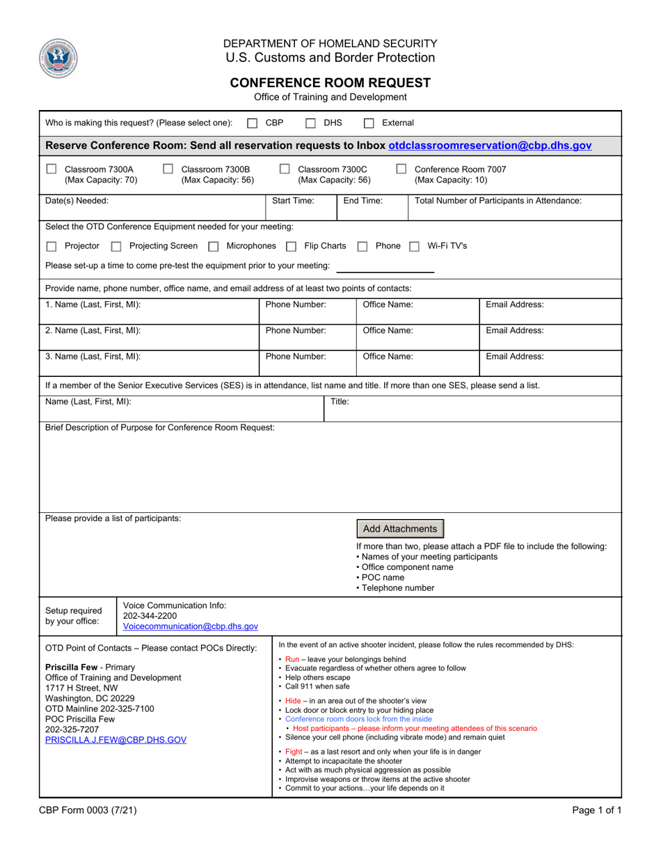 CBP Form 0003 Conference Room Request, Page 1