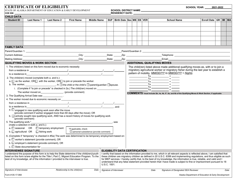Form 05-17-068 Certificate of Eligibility - Alaska, 2022