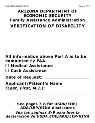 Document preview: Form FAA-1249A-LP Verification of Disability (Large Print) - Arizona (English/Spanish)