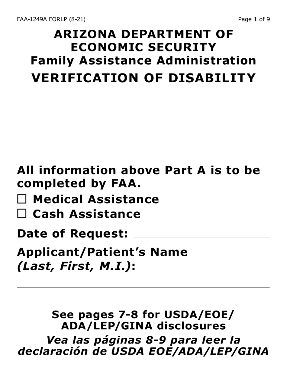 Form FAA-1249A-LP Verification of Disability (Large Print) - Arizona (English / Spanish), Page 1