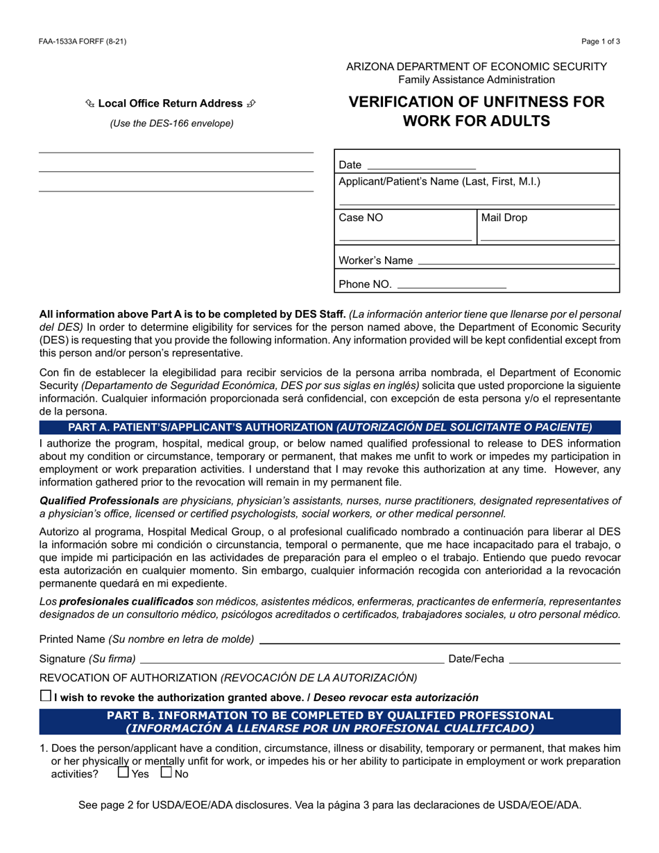 Form FAA-1533A FORFF Verification of Unfitness for Work for Adults - Arizona (English / Spanish), Page 1