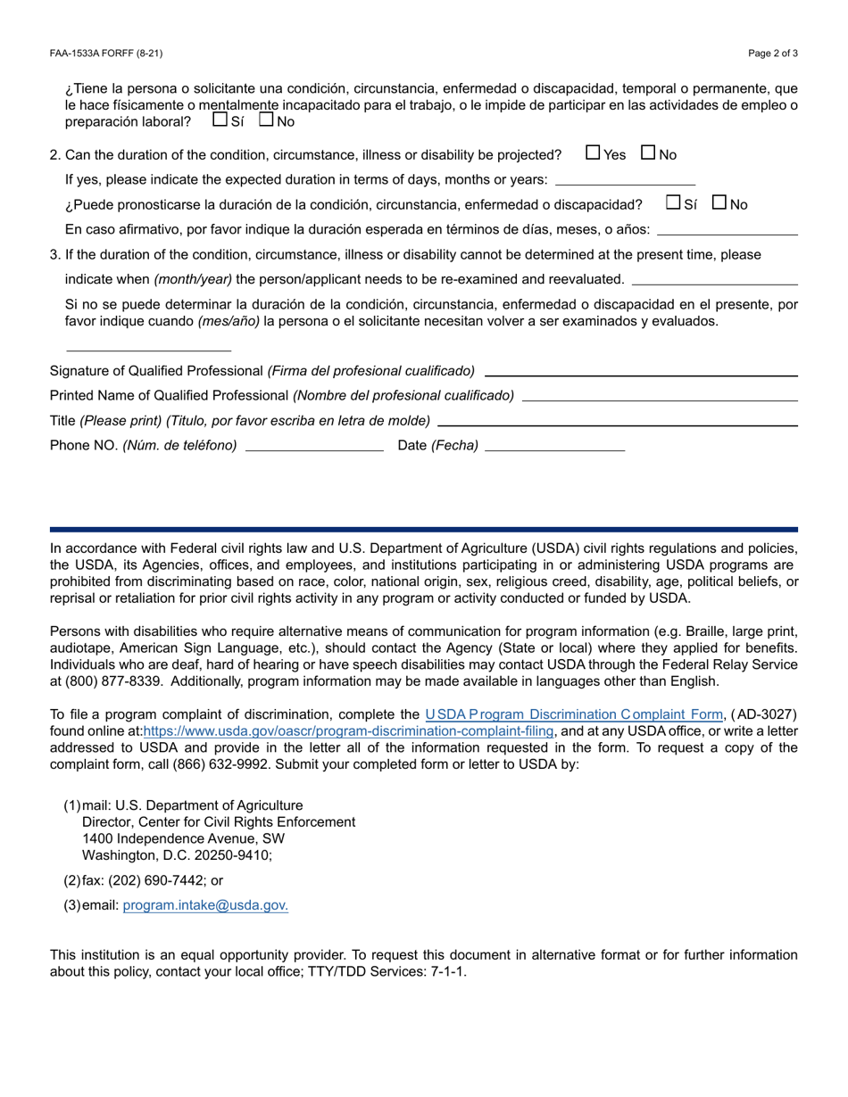 Form FAA-1533A FORFF Verification of Unfitness for Work for Adults - Arizona (English / Spanish), Page 2