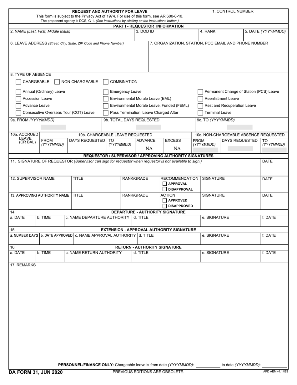 DA Form 31 Download Fillable PDF Or Fill Online Request And Authority