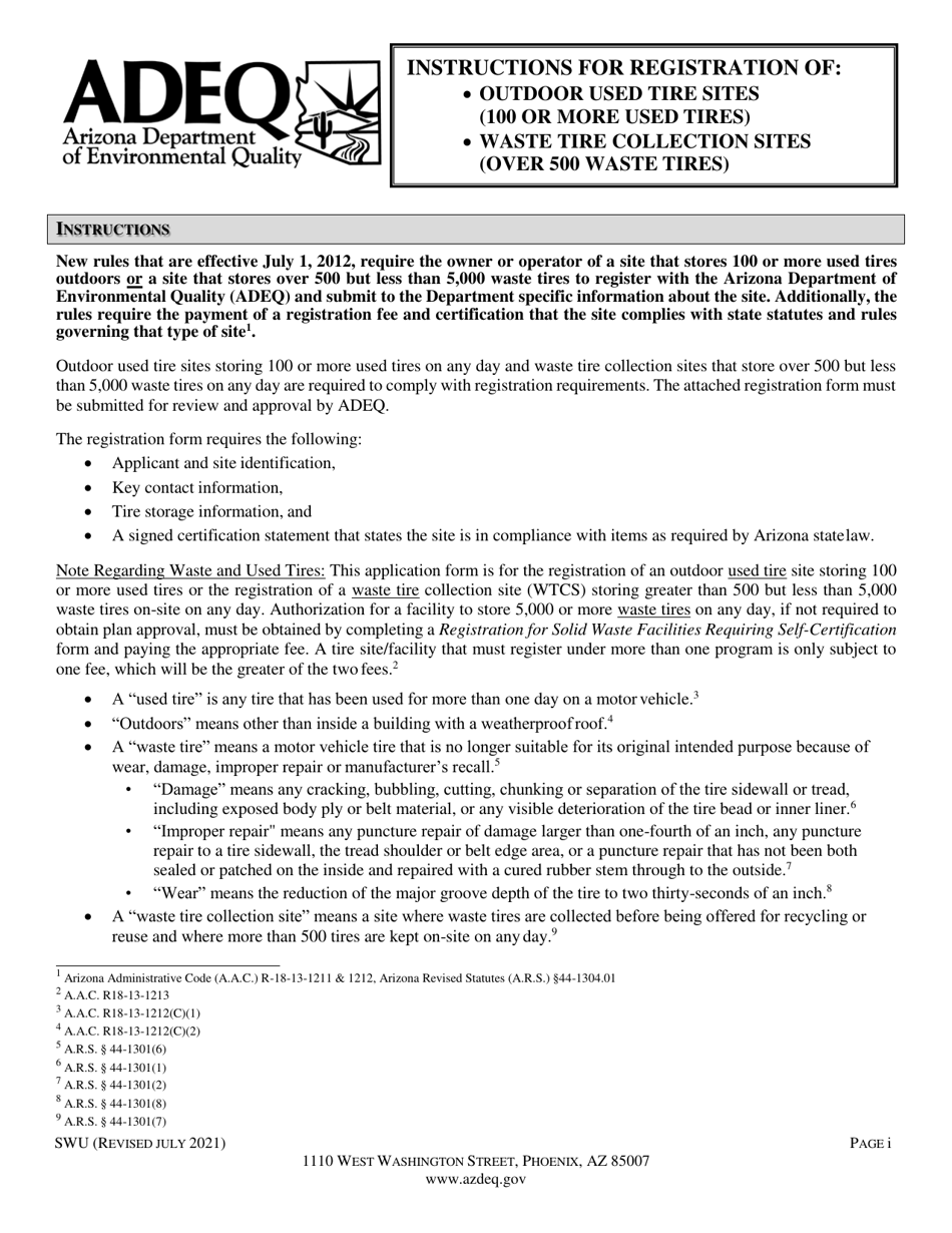 Form SWU Registration Form for Outdoor Used Tire Storage Sites (100 or More Used Tires) / Waste Tire Collection Sites (Over 500 Waste Tires) - Arizona, Page 1