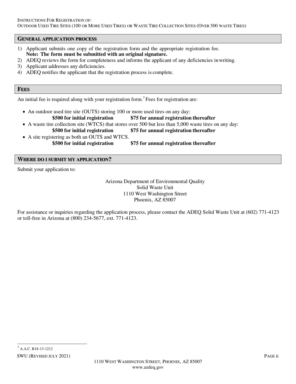 Form SWU Registration Form for Outdoor Used Tire Storage Sites (100 or More Used Tires) / Waste Tire Collection Sites (Over 500 Waste Tires) - Arizona, Page 2