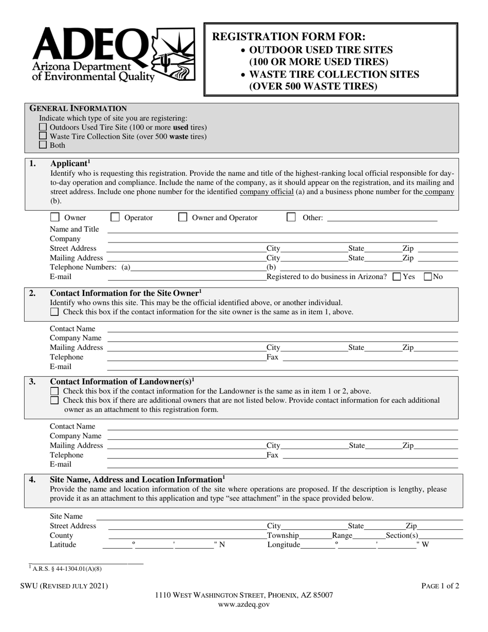 Form SWU Registration Form for Outdoor Used Tire Storage Sites (100 or More Used Tires) / Waste Tire Collection Sites (Over 500 Waste Tires) - Arizona, Page 3