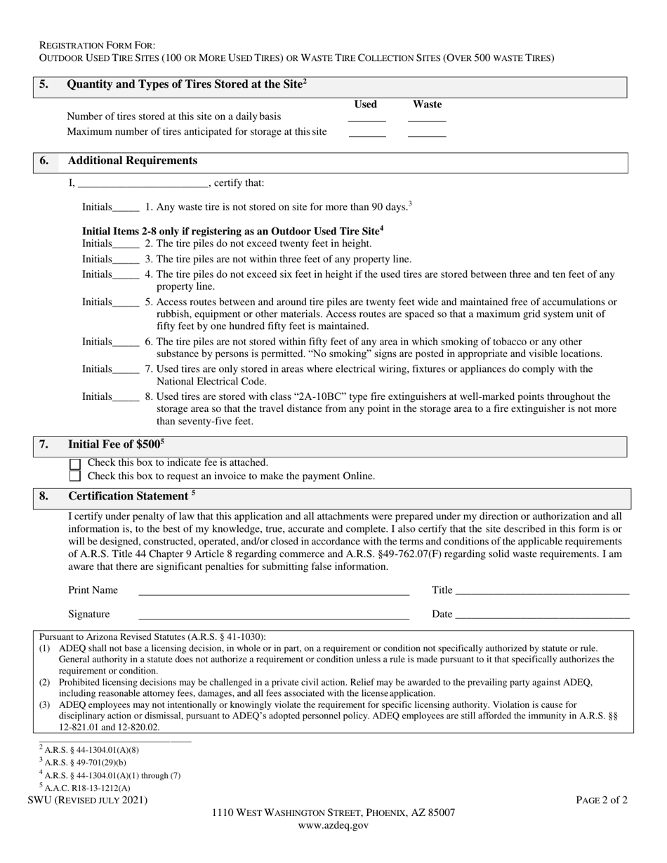 Form SWU Registration Form for Outdoor Used Tire Storage Sites (100 or More Used Tires) / Waste Tire Collection Sites (Over 500 Waste Tires) - Arizona, Page 4