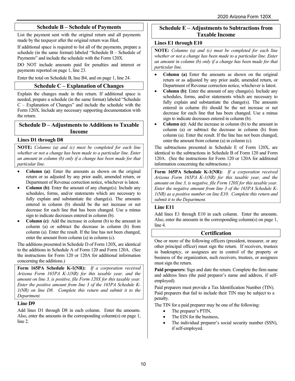 Instructions for Arizona Form 120X, ADOR10341 Arizona Amended Corporation Income Tax Return - Arizona, Page 10