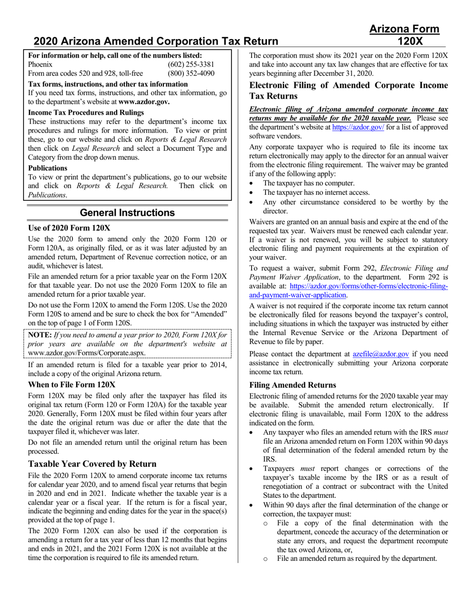 Instructions for Arizona Form 120X, ADOR10341 Arizona Amended Corporation Income Tax Return - Arizona, Page 1