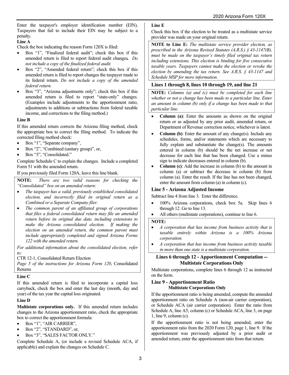 Instructions for Arizona Form 120X, ADOR10341 Arizona Amended Corporation Income Tax Return - Arizona, Page 3
