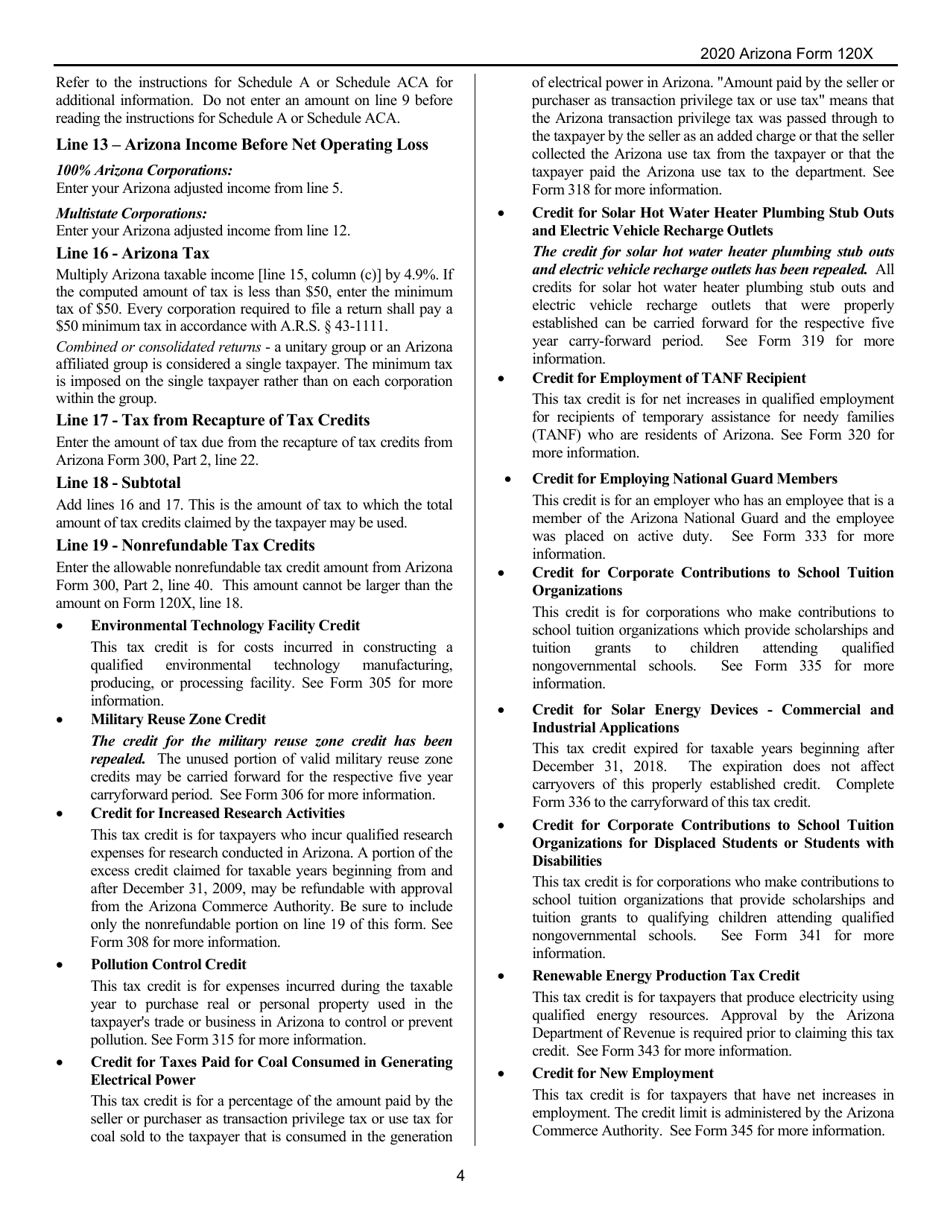 Instructions for Arizona Form 120X, ADOR10341 Arizona Amended Corporation Income Tax Return - Arizona, Page 4