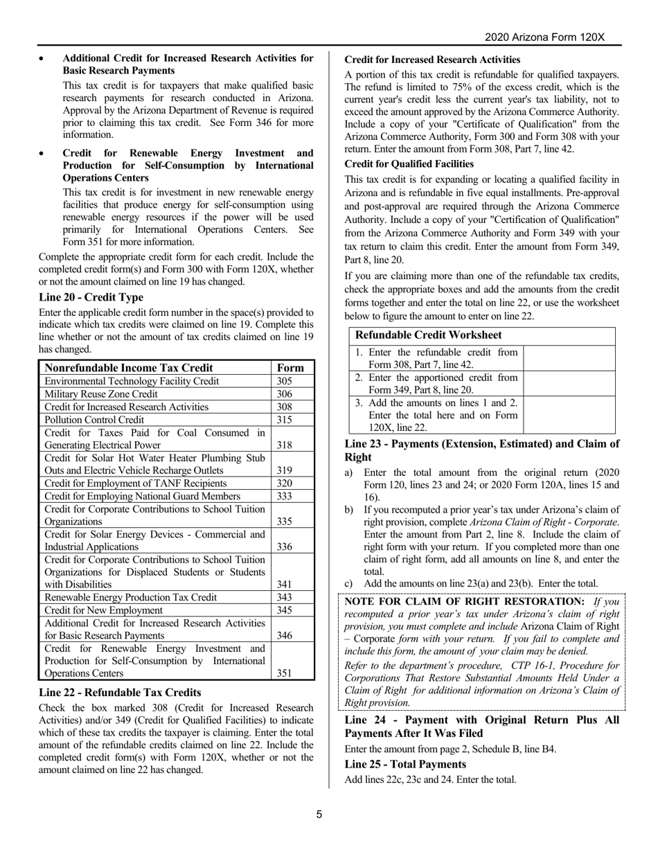 Instructions for Arizona Form 120X, ADOR10341 Arizona Amended Corporation Income Tax Return - Arizona, Page 5