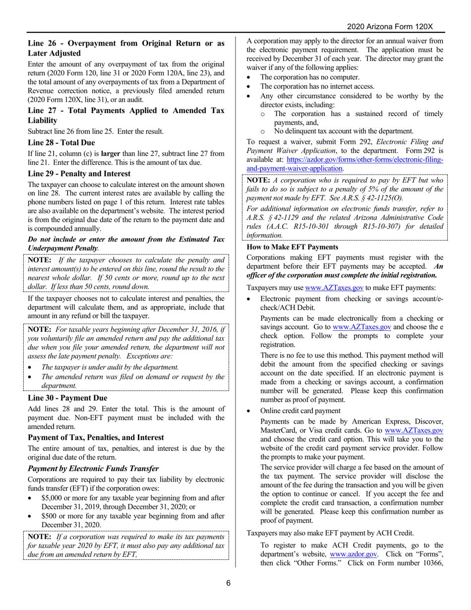 Instructions for Arizona Form 120X, ADOR10341 Arizona Amended Corporation Income Tax Return - Arizona, Page 6