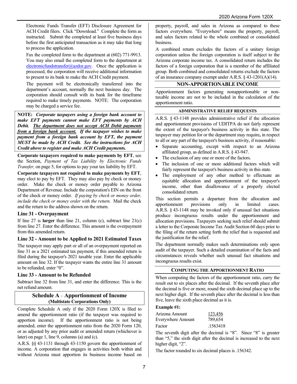 Instructions for Arizona Form 120X, ADOR10341 Arizona Amended Corporation Income Tax Return - Arizona, Page 7
