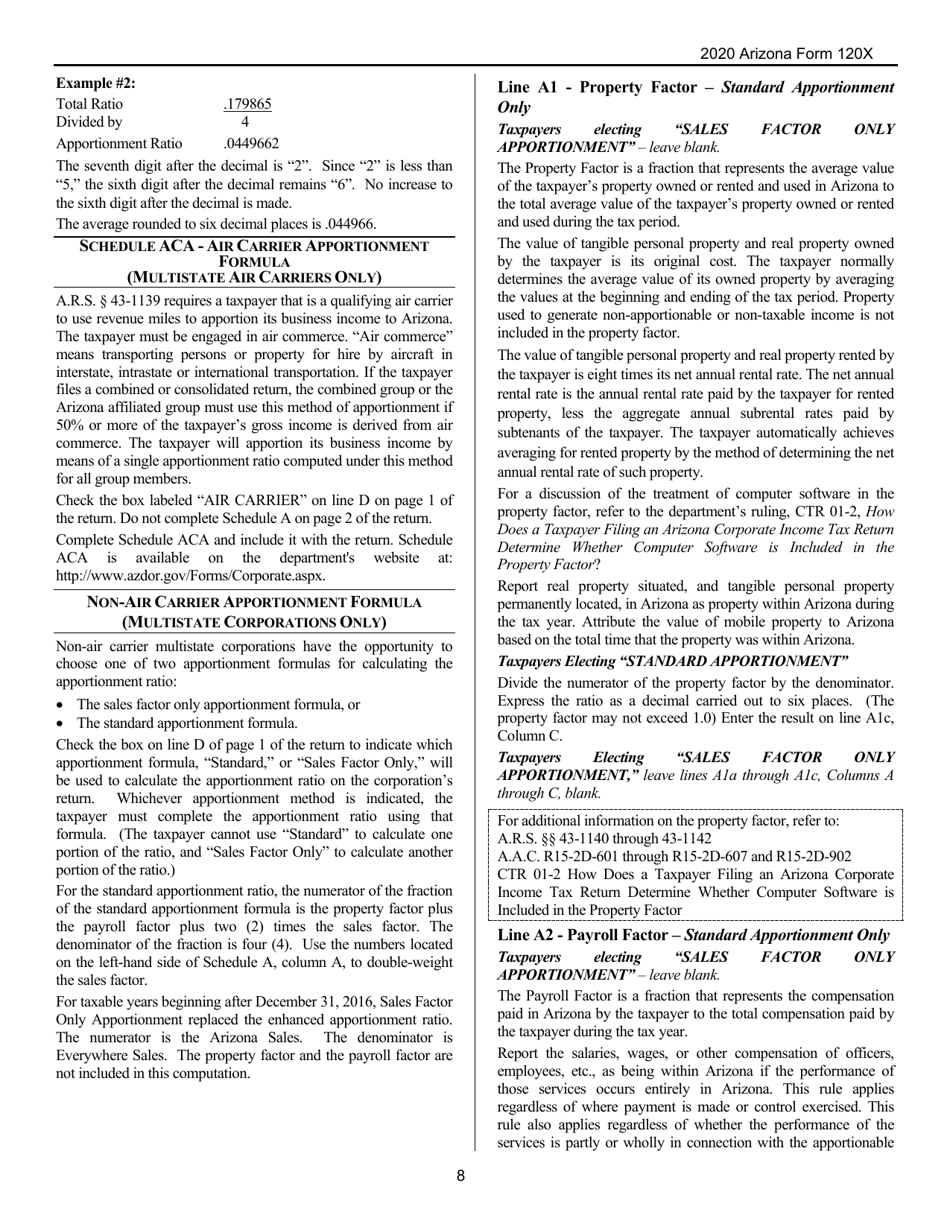 Instructions for Arizona Form 120X, ADOR10341 Arizona Amended Corporation Income Tax Return - Arizona, Page 8