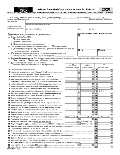 Arizona Form 120X (ADOR10341) 2020 Printable Pdf