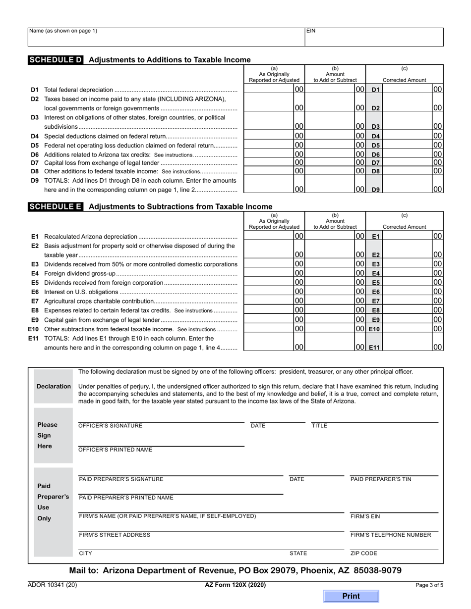 Arizona Form 120X (ADOR10341) Arizona Amended Corporation Income Tax Return - Arizona, Page 3